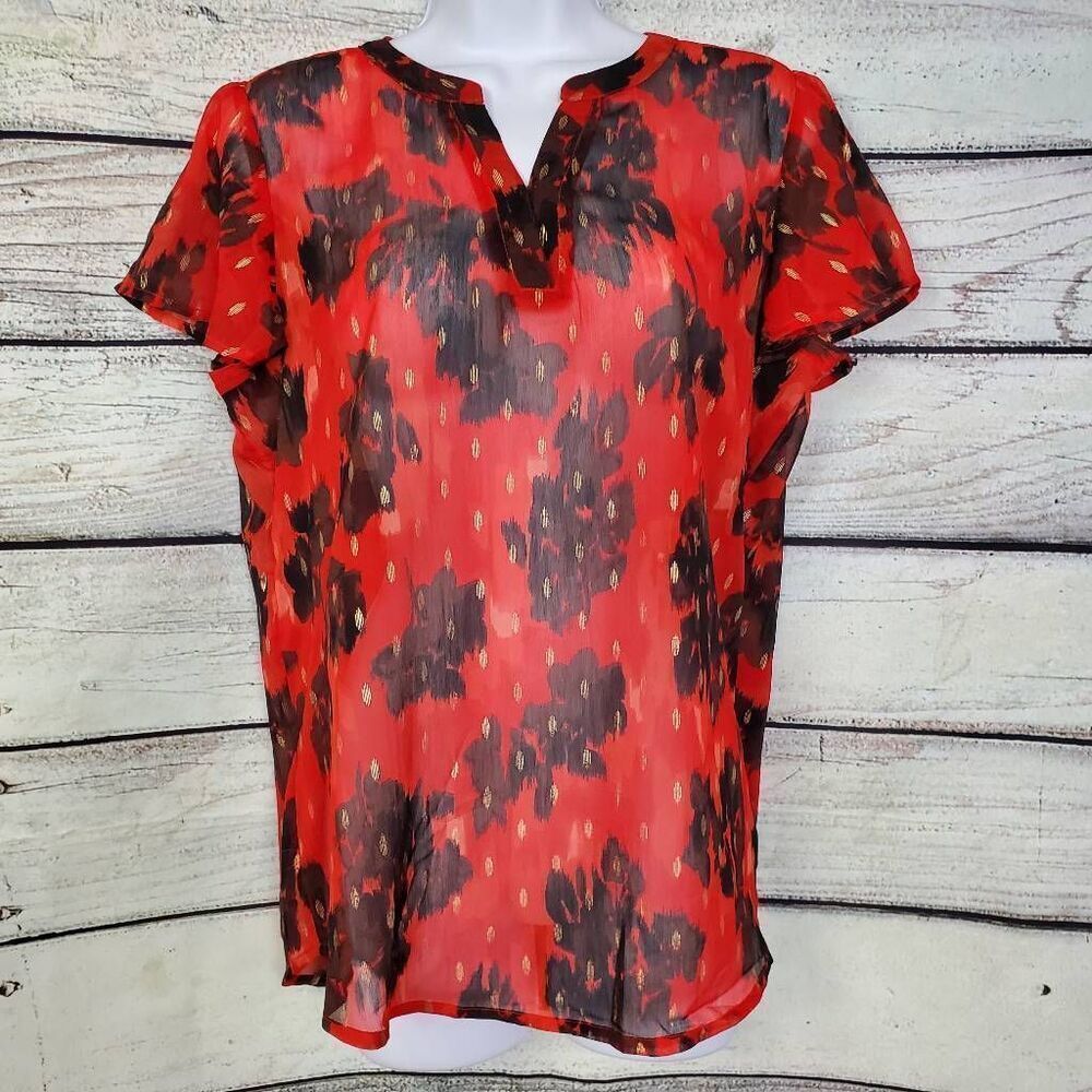 Maurices Red Semi-Sheer Floral Print Blouse Women’s M Short Sleeve Split Neck